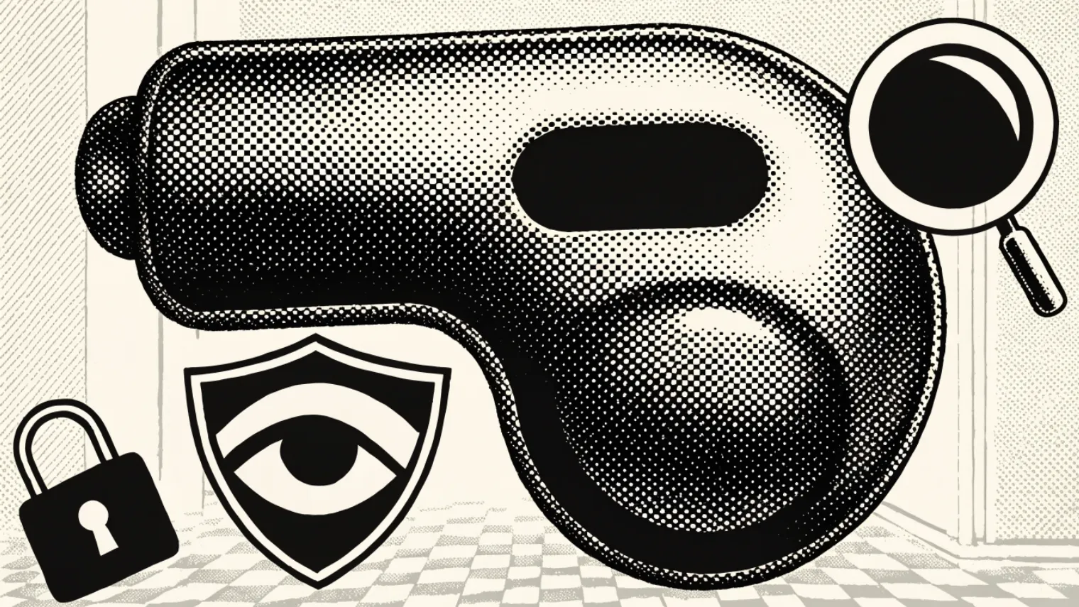 An abstract whistle surrounded by symbols of protection and transparency
